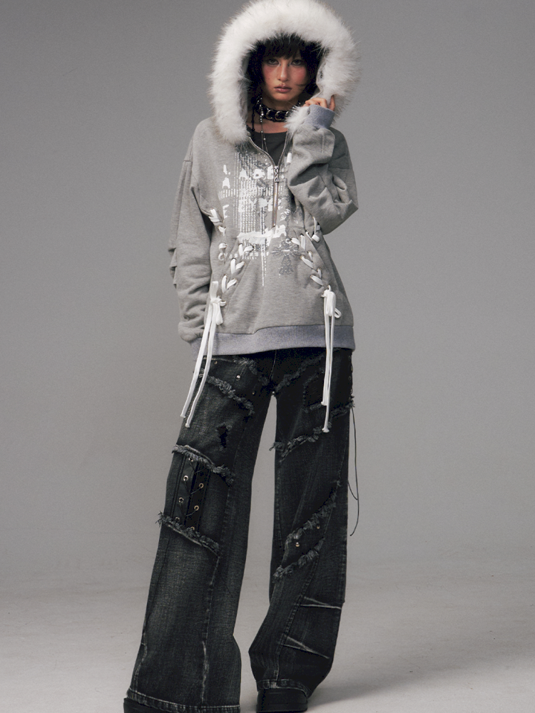 Tie-Front Printed Half-Zip Hoodie【s0000014452】