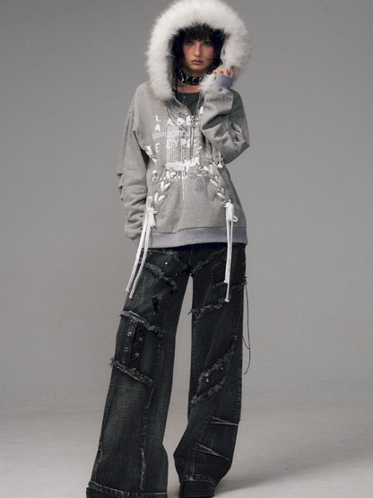 Tie-Front Printed Half-Zip Hoodie【s0000014452】