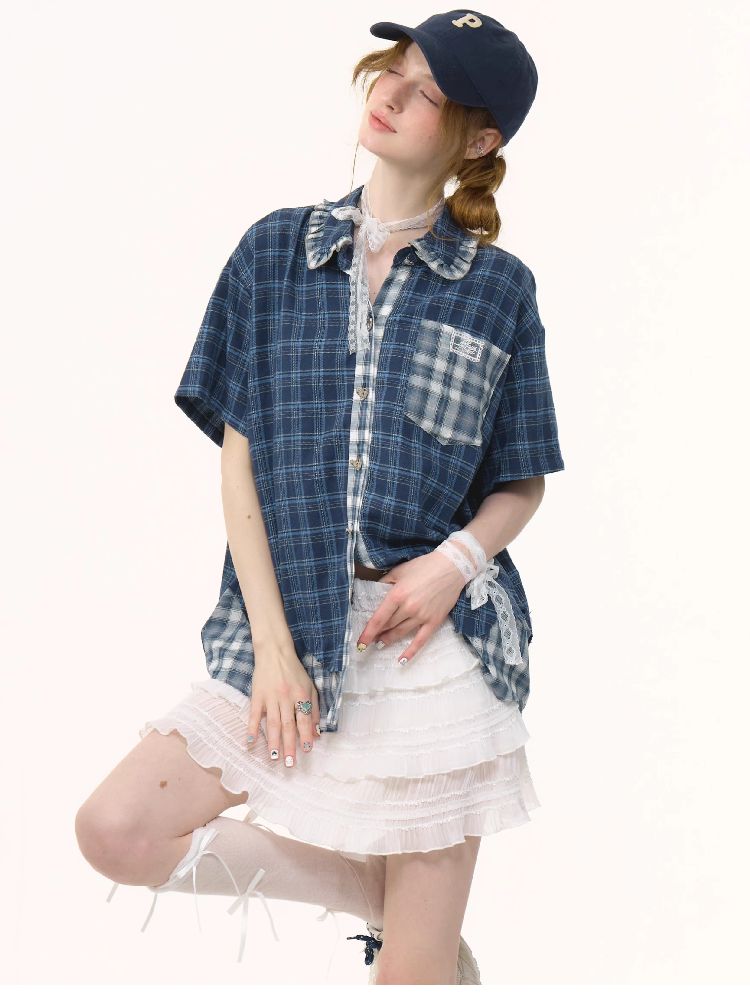 Plaid Patchwork Short Sleeve Shirt【s0000012230】