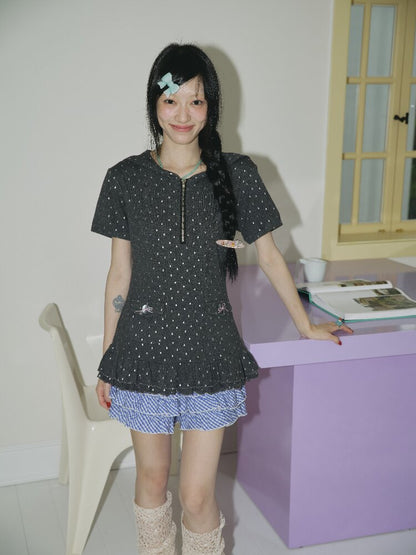 Silver Foil Raindrop Navy Neck Top【s0000018703】