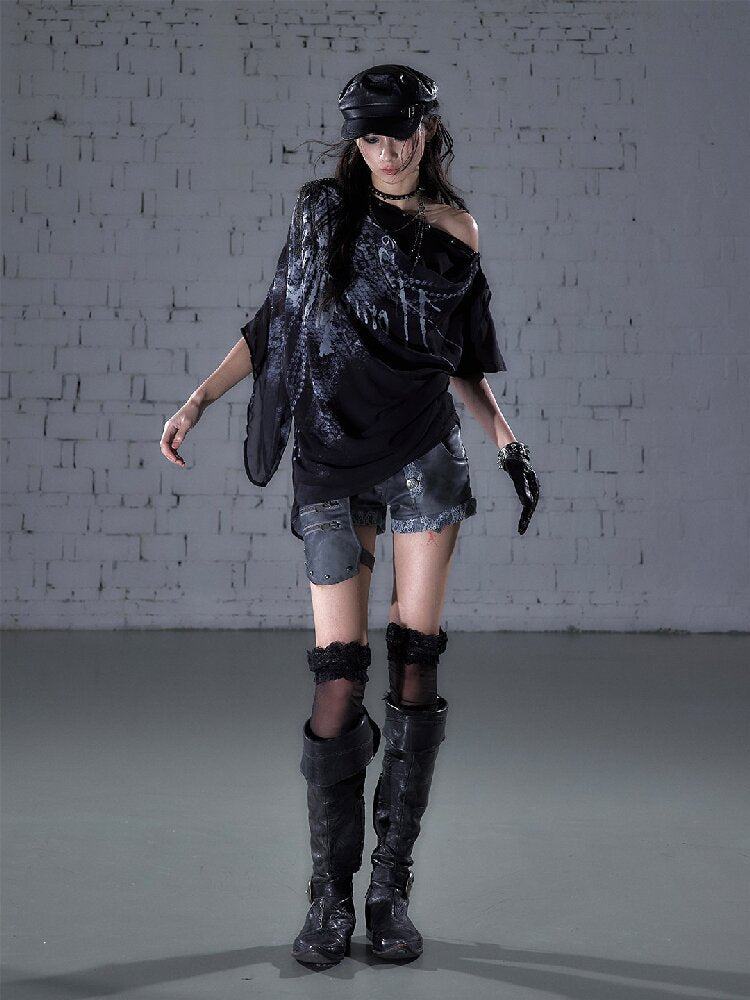 Print Chiffon Swing Collar T-Shirt【s0000016209】