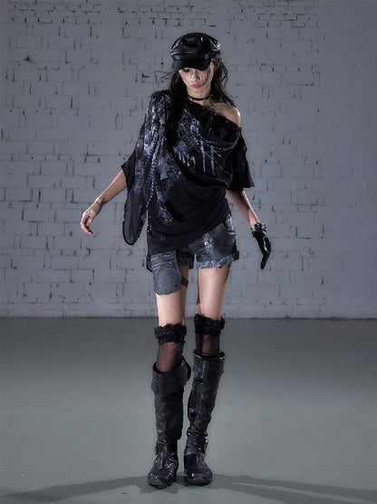 Print Chiffon Swing Collar T-Shirt【s0000016209】