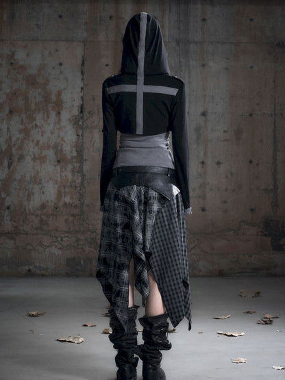 Hooded False Two Black Gray Knit Cardigan【s0000013890】