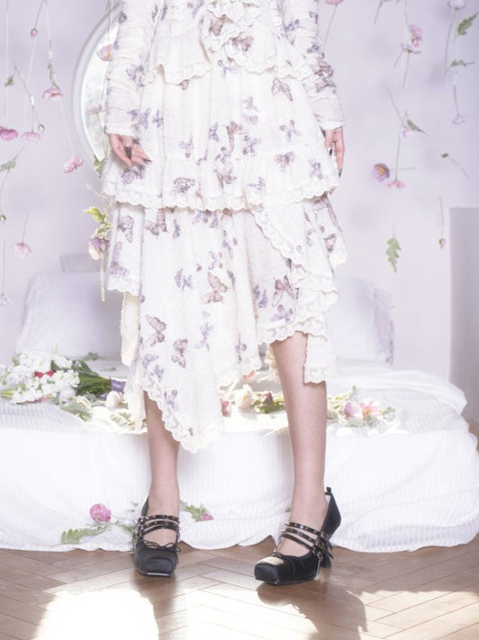 Butterfly Print Irregular Hem Lace Ruffle Half Skirt【s0000007873】