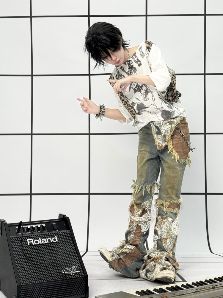 Raw Edge Aged Printed False Two Piece T-Shirt【s0000013714】