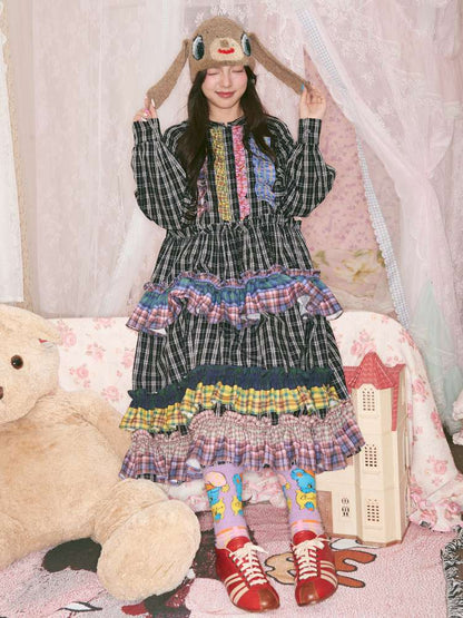 Colorful Lace Plaid Patchwork Black Dress【s0000014823】