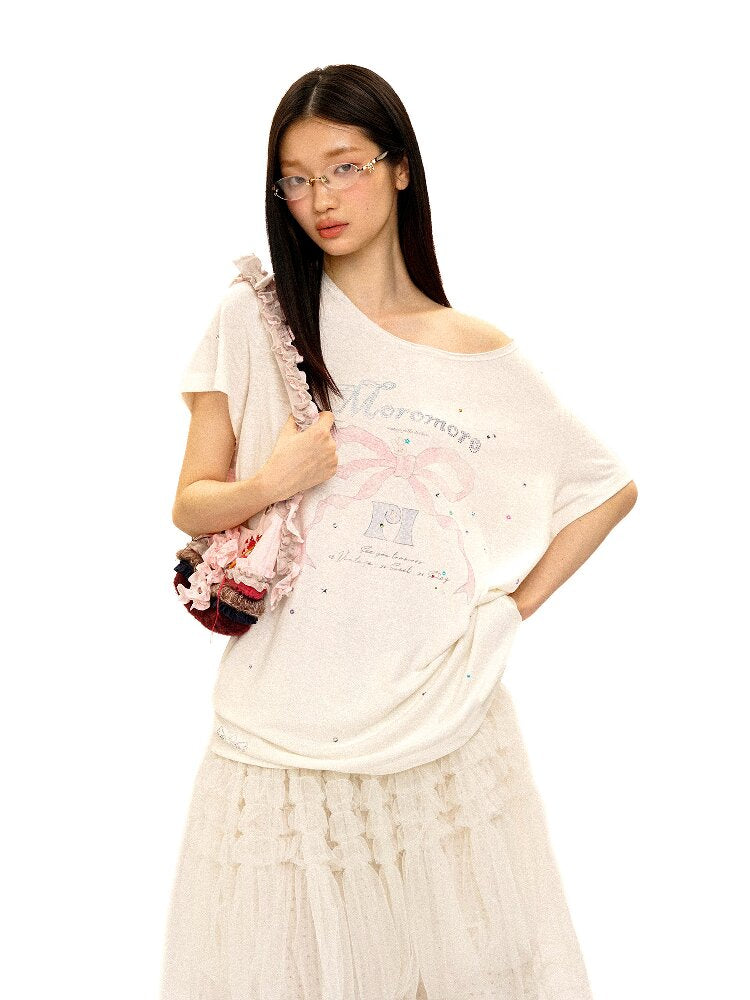 Bow Print Diamond Distressed Tee【s0000016425】