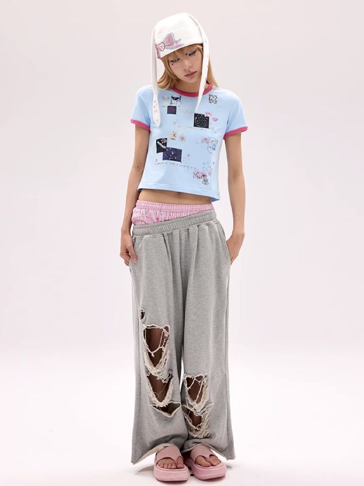 Sticker Printed Rhinestone T-Shirt【s0000011794】