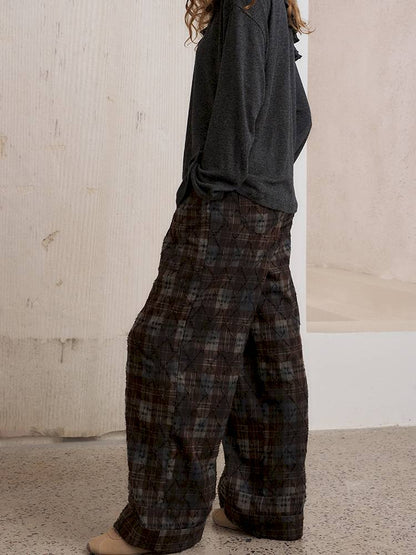 Textured straight leg loose plaid trousers【s0000014384】