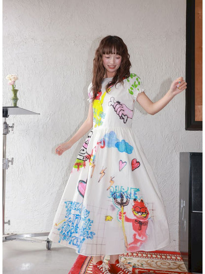 White Graffiti Printed Dress【s0000013336】