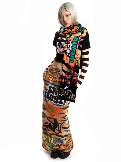 Tiger Print Knitted Scarf Contrast Y2K Trend【s0000014916】