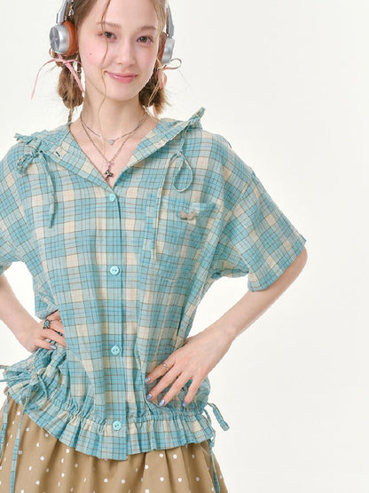 Ruffle Hem Hooded Plaid Shirt【s0000016619】