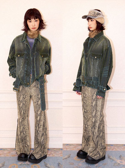 Loose Green Flocked Denim Jacket【s0000011638】