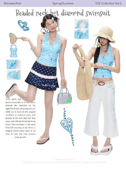 Blue Striped Halterneck Swimsuit【s0000016396】