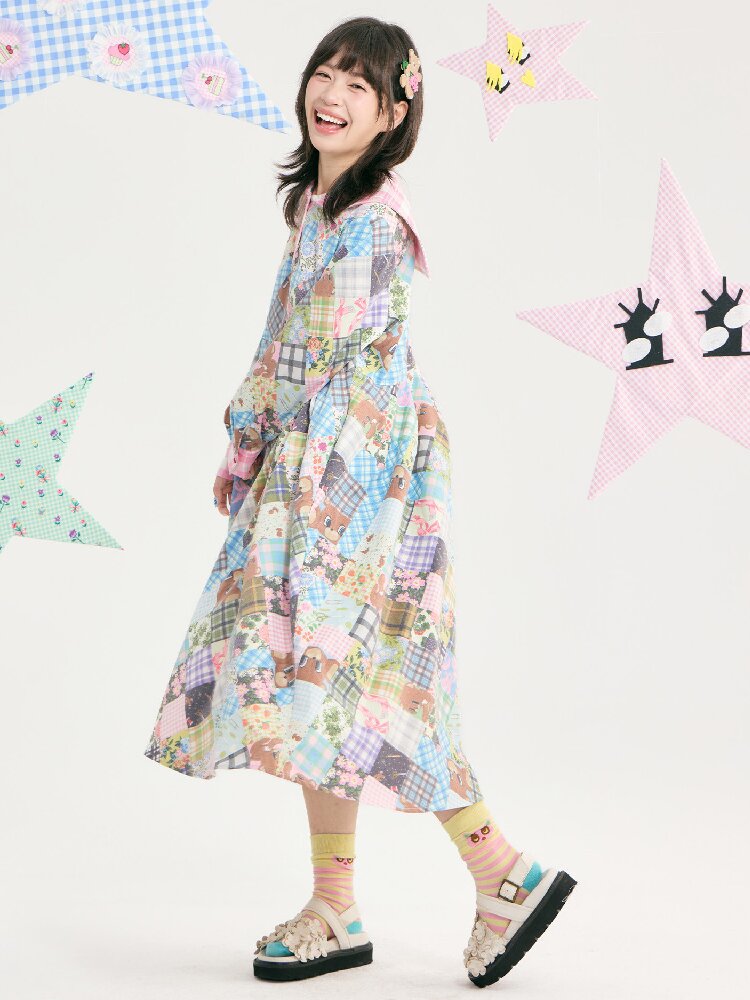 Vintage Bear Floral Navy Collar Dress【s0000018727】