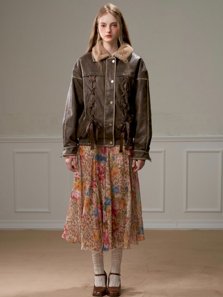 Lace Tie Brown Washed Scrub Color Fur Coat【s0000005321】