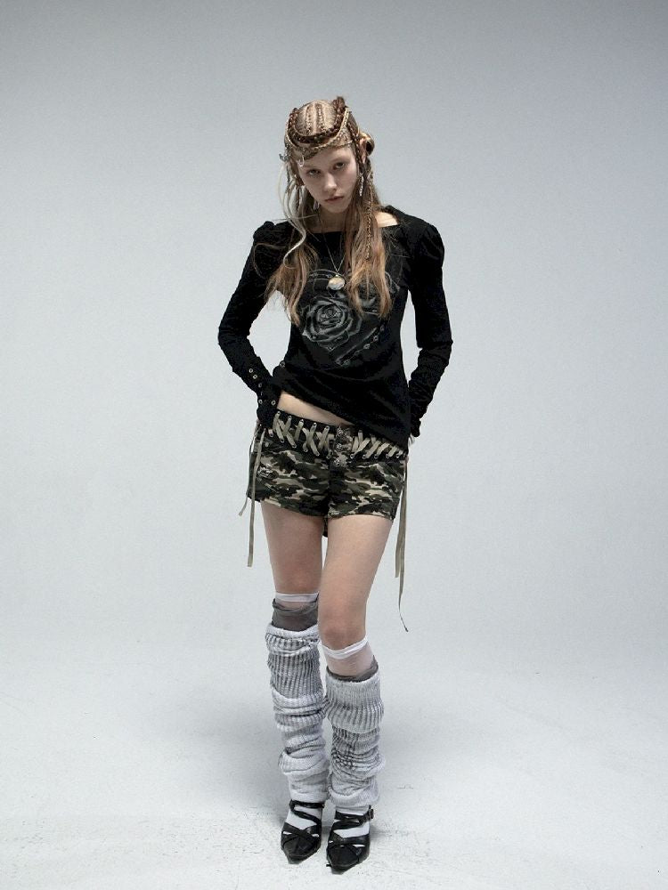 Bubble Sleeve Square Neck Printed Long Sleeve Tee【s0000011840】