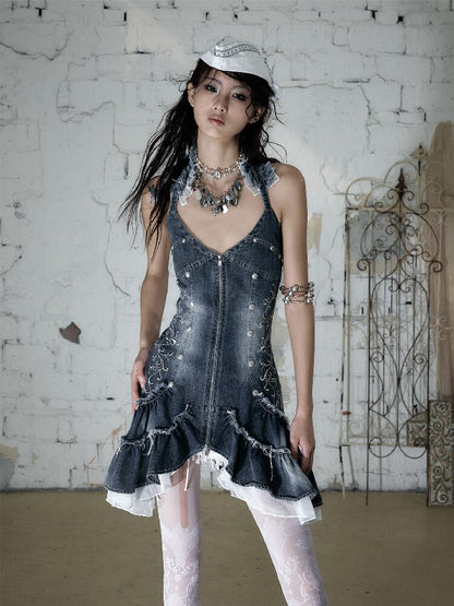 Court Embroidered Denim Mermaid Dress【s0000016983】