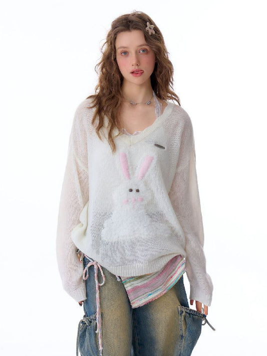 Large V-neck Knit Sunscreen Cover-up Shirt【s0000011682】