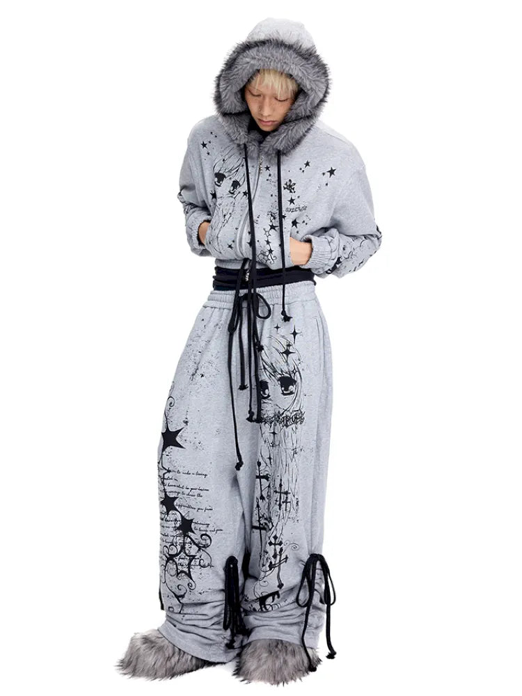 Doodle Print Puffy Drawstring Sweatpants【s0000014092】