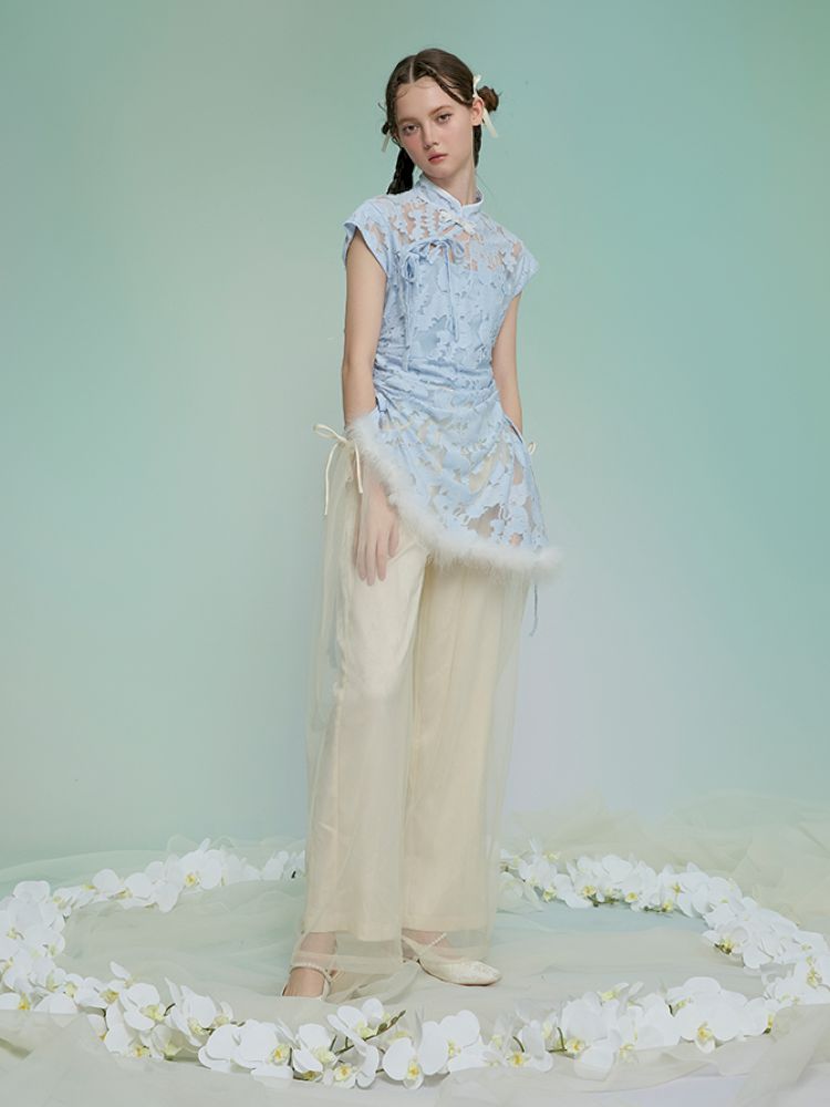 Jacquard mesh double wide-leg pants【s0000013595】