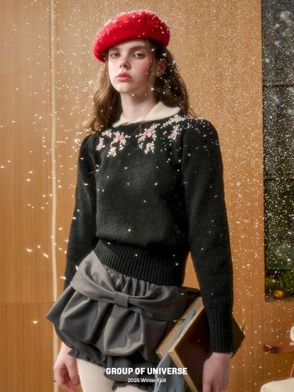 Wool Warm Hand-Embroidered Doll Collar Knit【s0000014893】