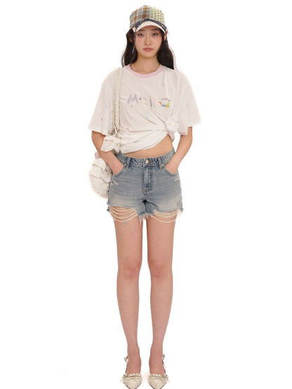 Leather label denim super short pants【s0000013435】