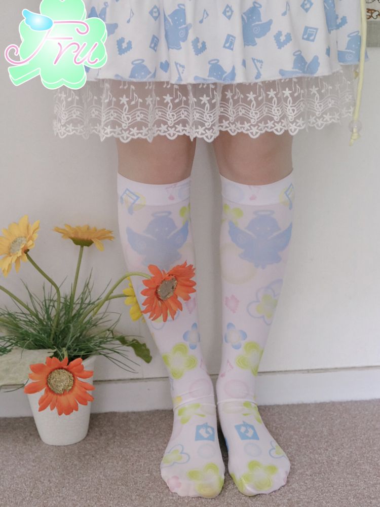 Angel Print White Mid Calf Socks [S0000009081]