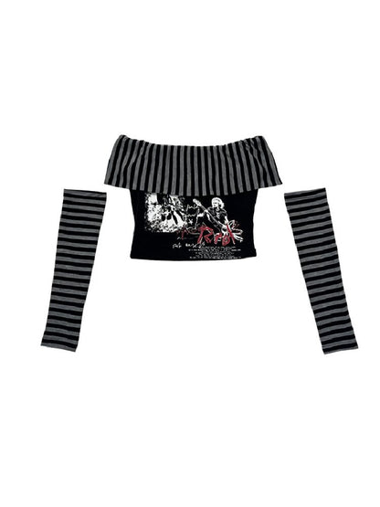 Off Shoulder Punk Printed T Shirt Set【s0000018177】