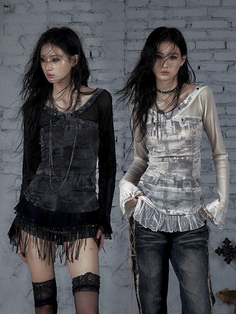 메쉬 스 플라이 싱 슬림 스트레치 긴 슬리브 티셔츠 [S0000011824]