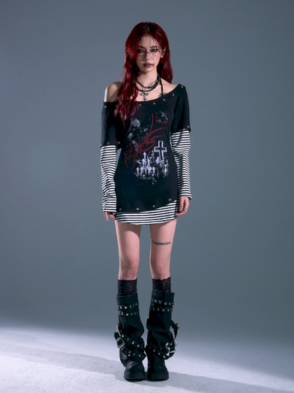 Slash Neck Slim Waisted Dresses t-shirt【s0000013694】