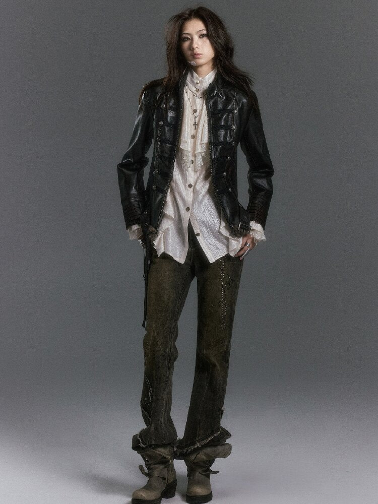 Patchwork Pearlescent Ruffled Stand Collar Shirt【s0000019242】