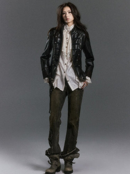 Patchwork Pearlescent Ruffled Stand Collar Shirt【s0000019242】