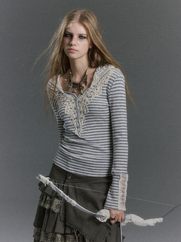 Lace Patchwork Striped Knit Top【s0000019240】