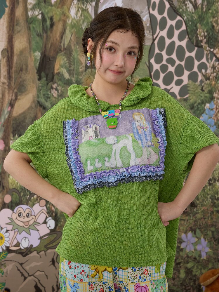 Hand Painted Print Lace Pleated Top【s0000017121】