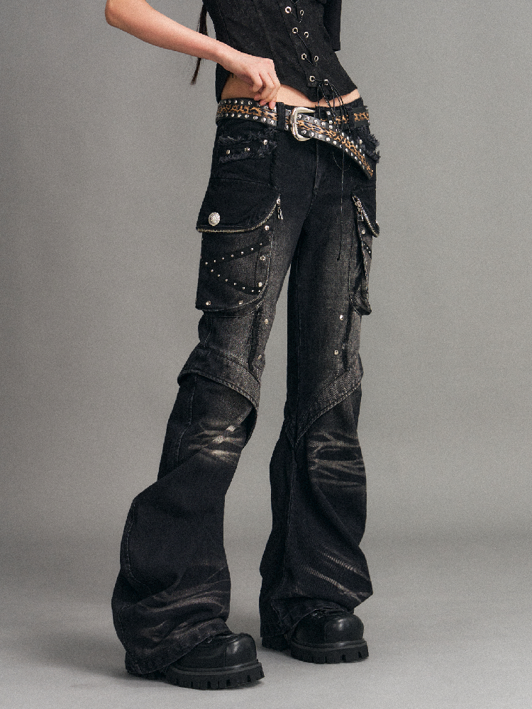Punk Heavy Work Washed Flared Jeans【s0000017535】