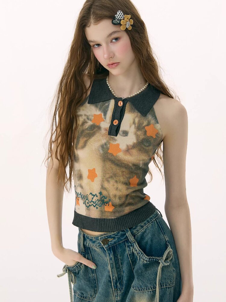 Starfall Cat Print Knitted Vest【s0000016849】
