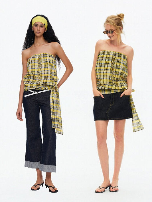 Striped Plaid Lace Up Bandeau Top【s0000015924】