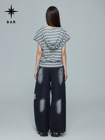 Striped Hooded Printed T-Shirt【s0000016688】