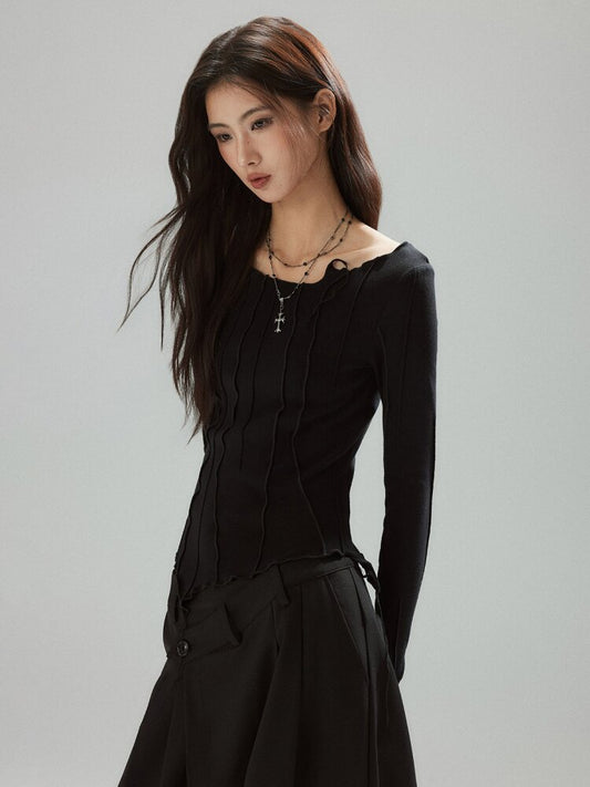 Black Panelled Split Line Top【s0000015598】