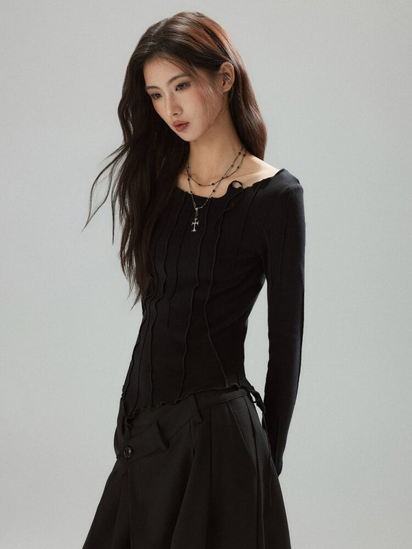 Black Panelled Split Line Top【s0000015598】