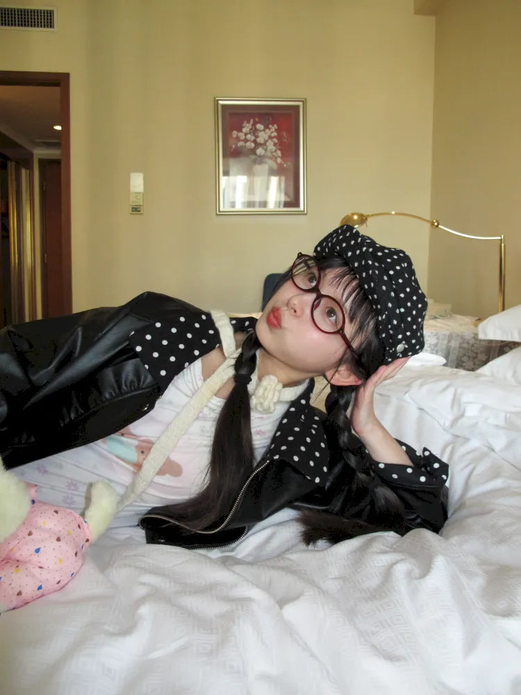 Lace-Trimmed Oversized Leather Jacket【s0000014167】