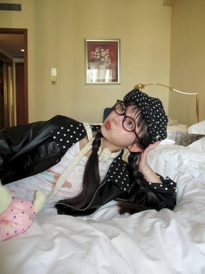 Lace-Trimmed Oversized Leather Jacket【s0000014167】