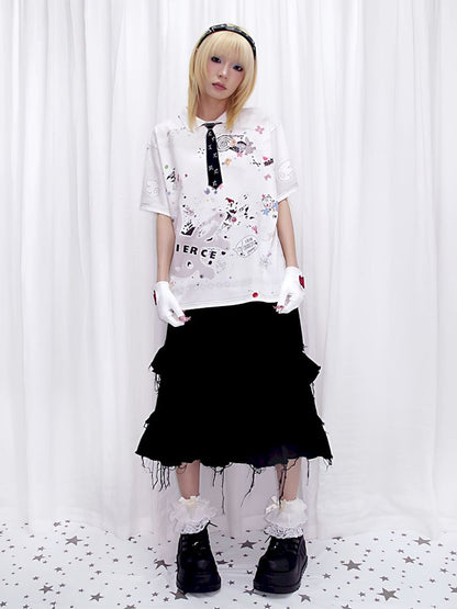 Sticker Print Embroidered Tie Polo Shirt【s0000013881】