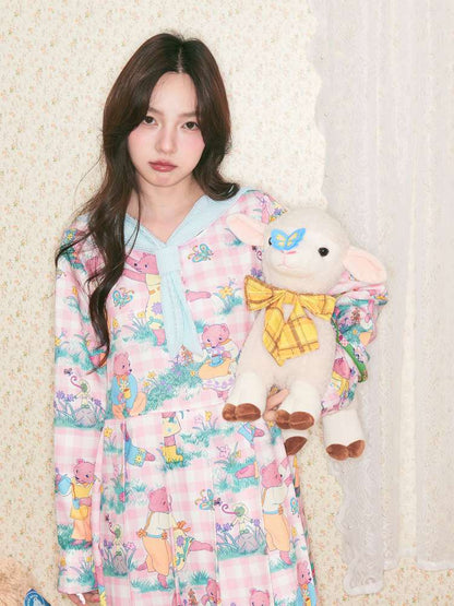 Pink Bear Illustration Print Dress【s0000014496】