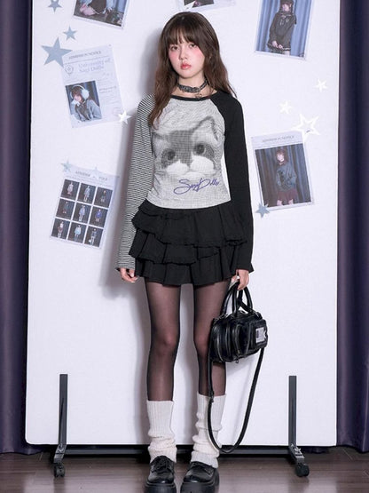 Long Sleeve Polka Dot Cat Printed T-Shirt【s0000011665】