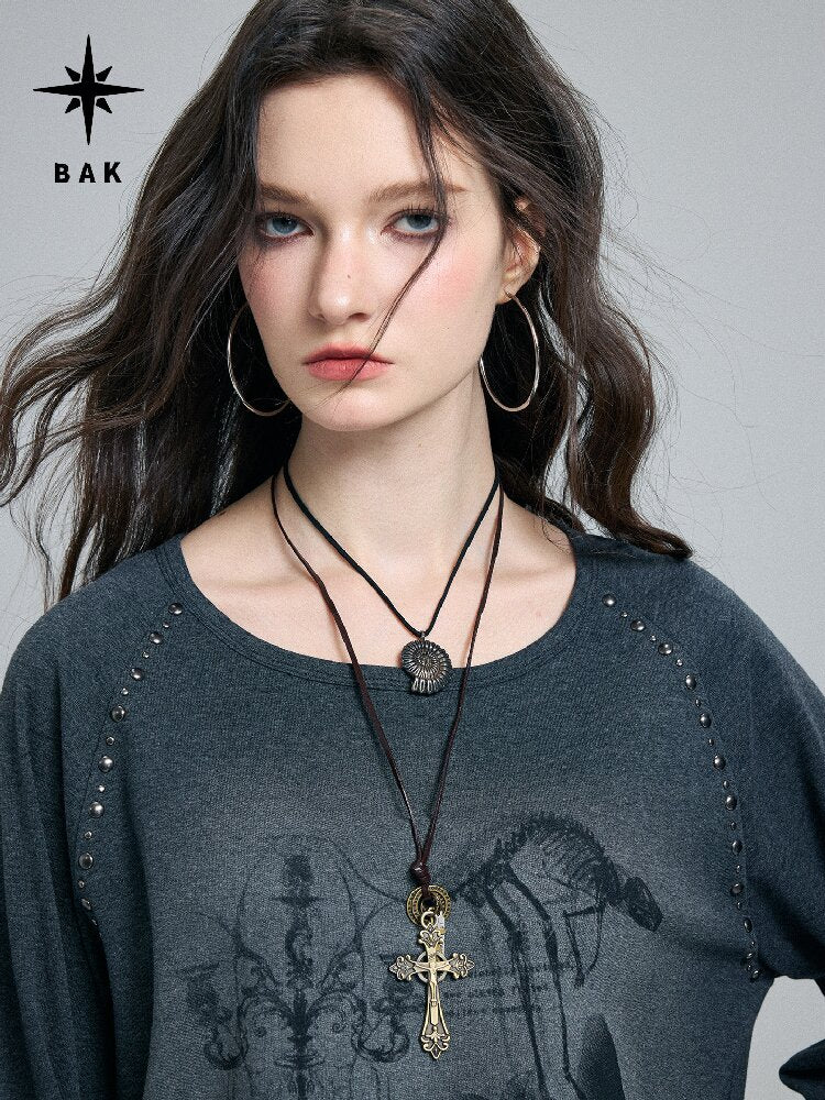 Washed Printed Rivet Knitted Top【s0000016261】