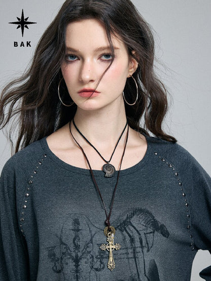 Washed Printed Rivet Knitted Top【s0000016261】