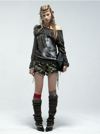 Slant Shoulder Round Neck Printed T-Shirt【s0000011842】