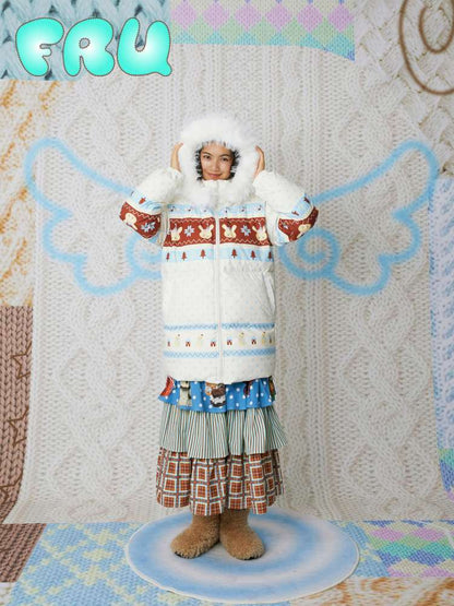 Fair Isle White Hooded Print Down Jacket【s0000014858】